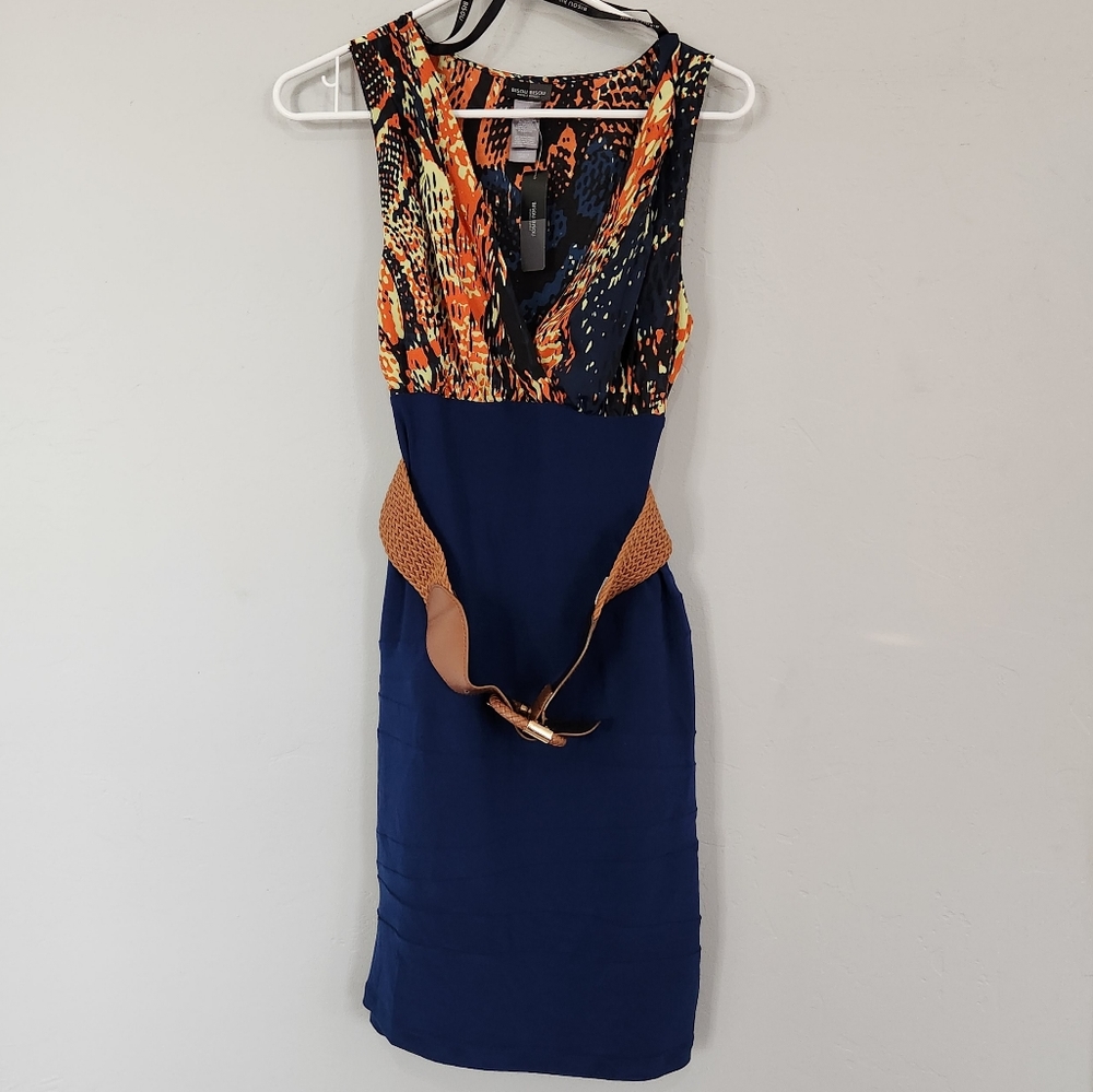 NWT Bisou Bisou Womens Sz 8 Knee Length Career Dress Belted Blue Orange.
